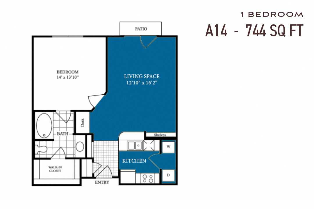 Floor plan for 1 bed, 1 bath, 744 sqft